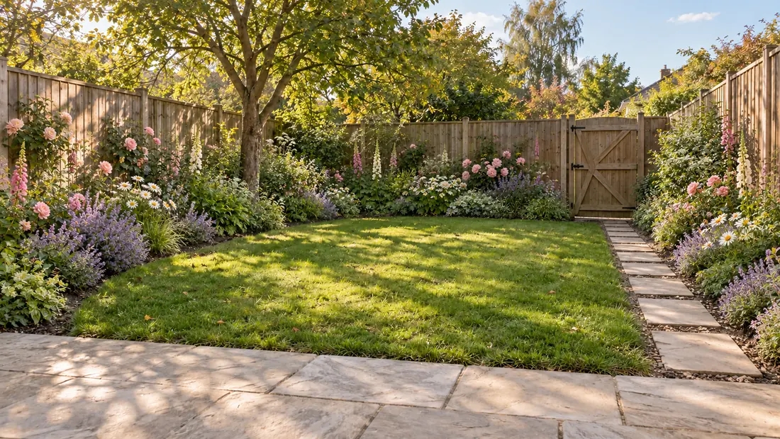 The same backyard with layered English cottage flower borders