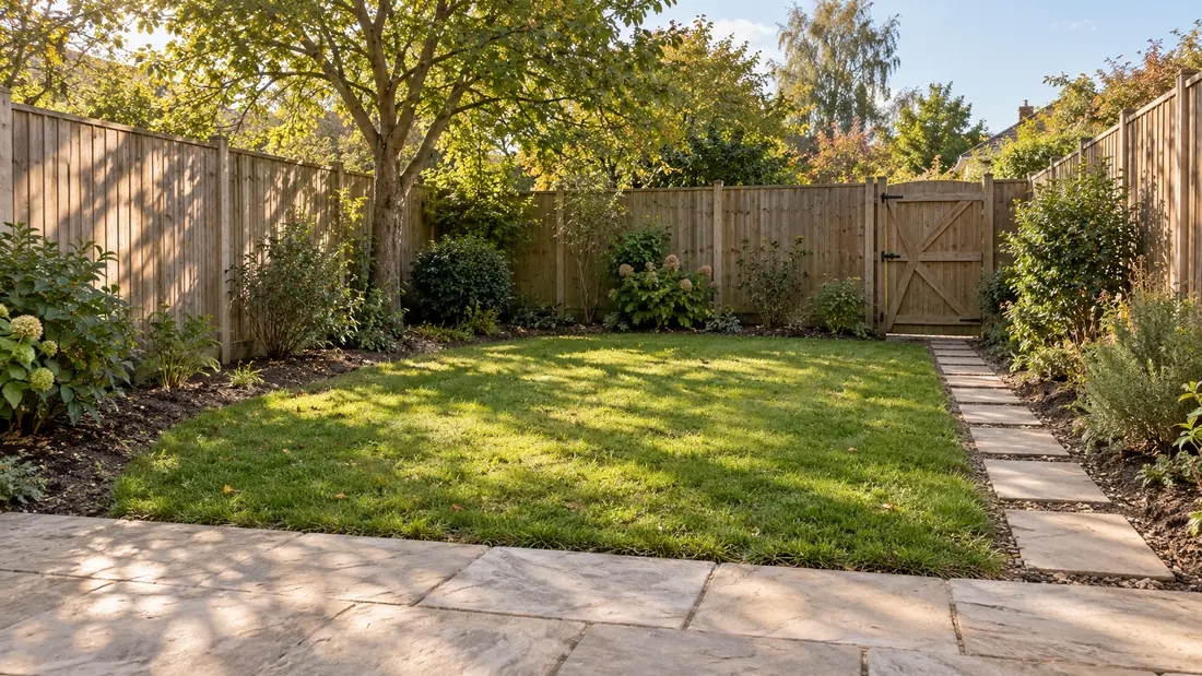 Original backyard with a central lawn, sparse borders, mature tree and stone path