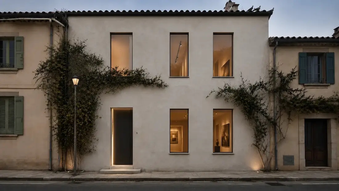 Fachada loft de vidrio y corten generada con una herramienta de diseño exterior con IA