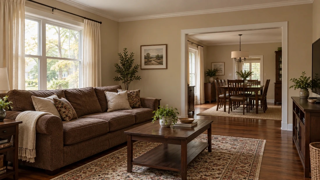 Living room before renovation with brown seating and dark wood furniture