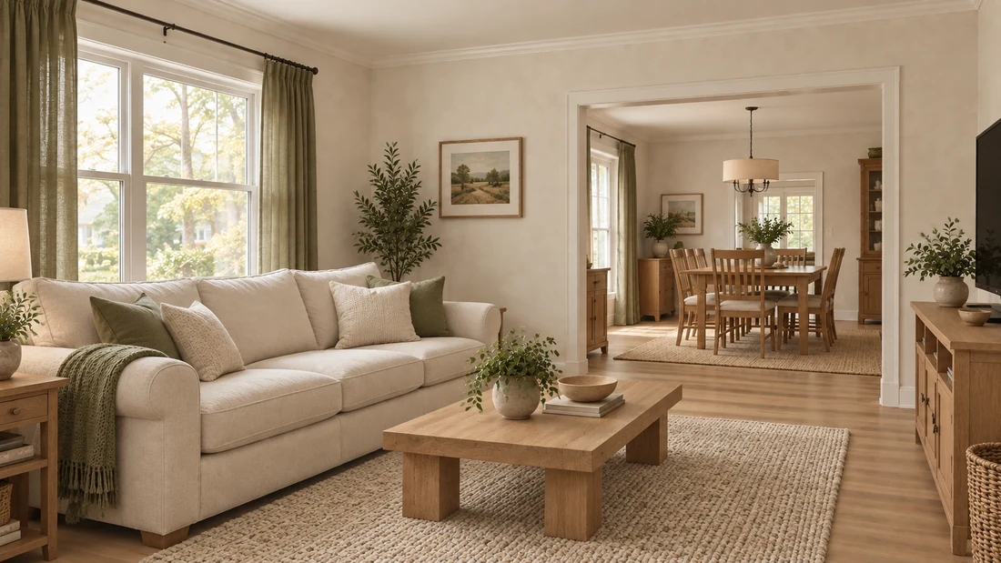 The same living room renovated with light oak, cream linen and olive accents