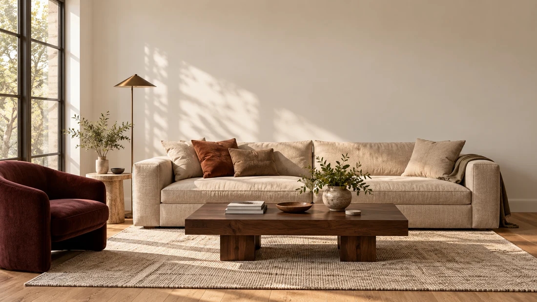 Living room with a plain white wall behind a linen sofa