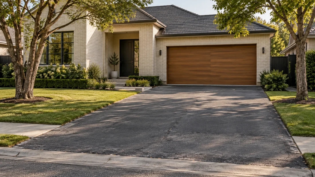 Weathered asphalt driveway in front of an off-white brick house with a timber garage