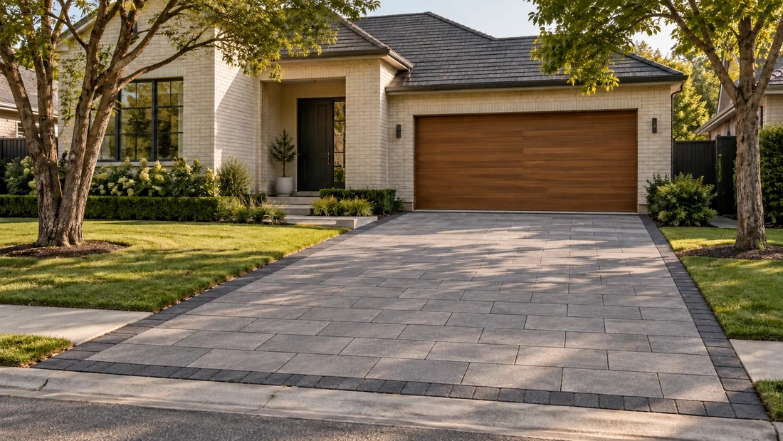 Same house and driveway with warm-gray concrete pavers and a charcoal border