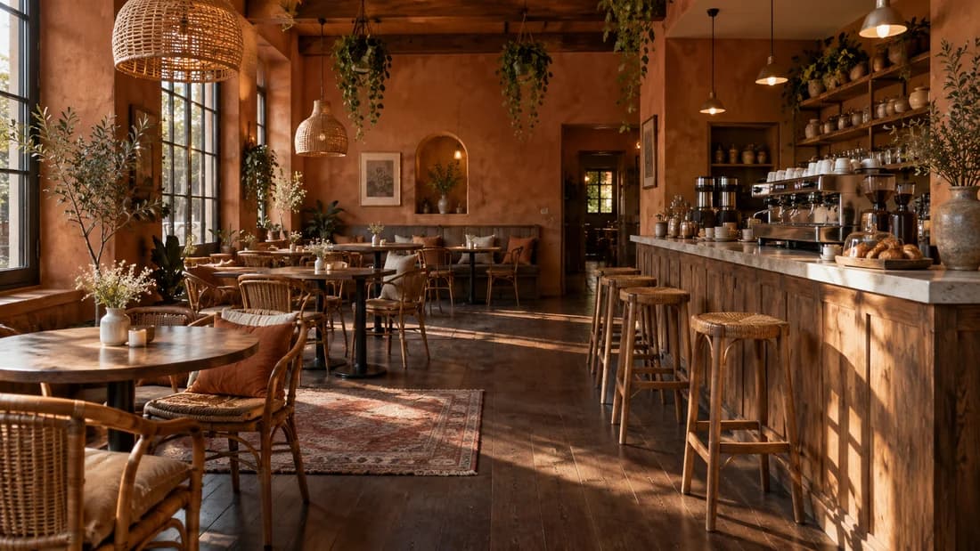Rustic café concept with terracotta walls, oak and rattan furniture, a dark floor, hanging plants, and a coffee bar