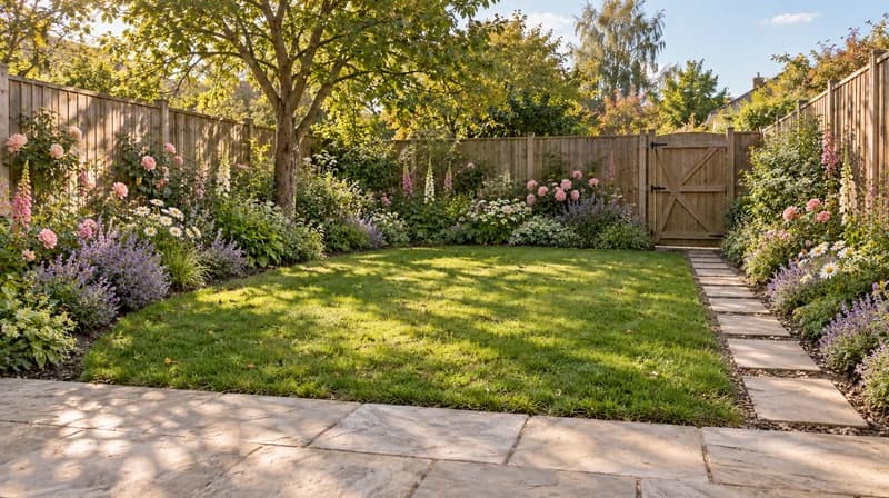 English cottage borders with pastel flowers around the original lawn