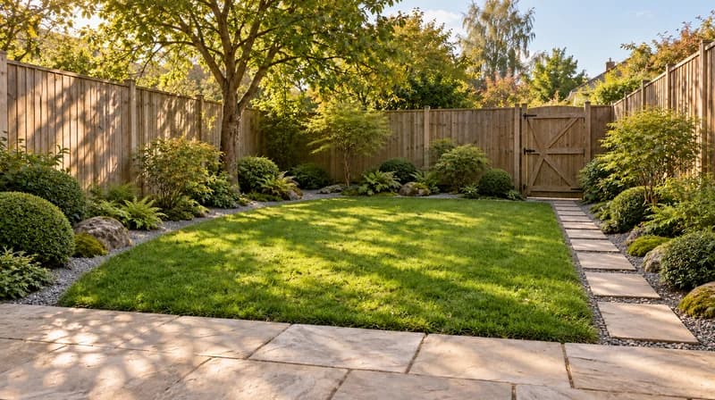 Japanese-inspired garden borders with rounded shrubs, ferns, gravel and stones