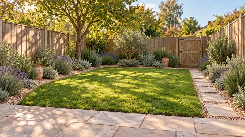 Mediterranean planting with silver foliage, lavender and terracotta pots