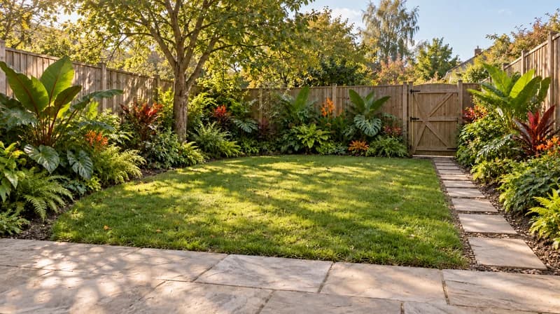 Tropical garden borders with layered broad leaves and warm-colored flowers