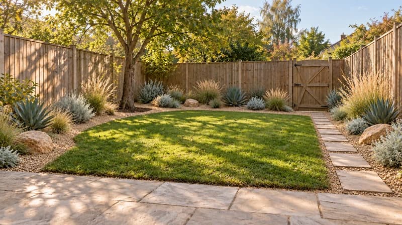 Gravel garden borders with sculptural rosettes, grasses and a reduced lawn