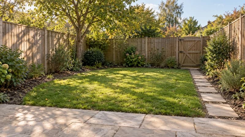 Backyard photo with timber fencing, a stone patio and planting borders