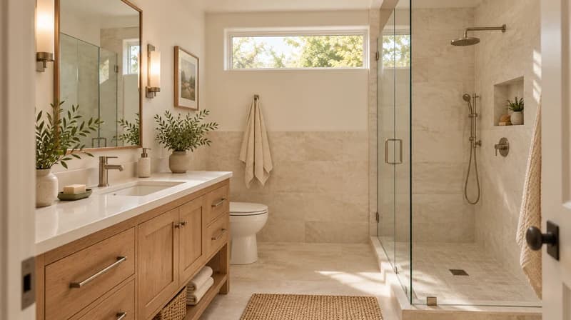 Bathroom with oak vanity, pale stone tile and a glass shower enclosure