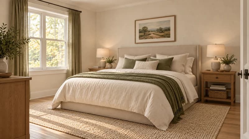 Coordinated bedroom with linen upholstery, oak furniture and an olive throw