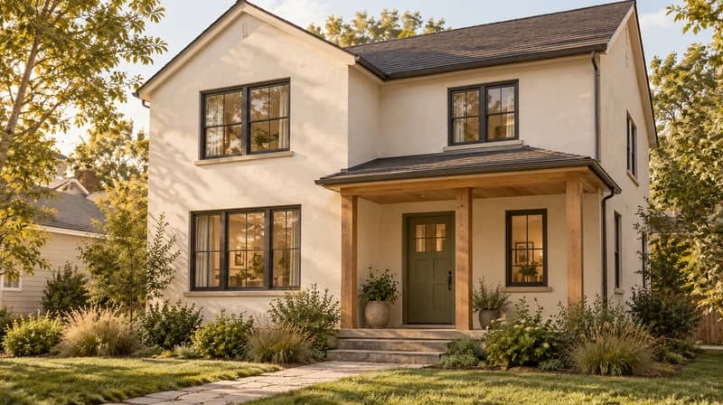 Warm off-white house facade with a timber porch and olive front door