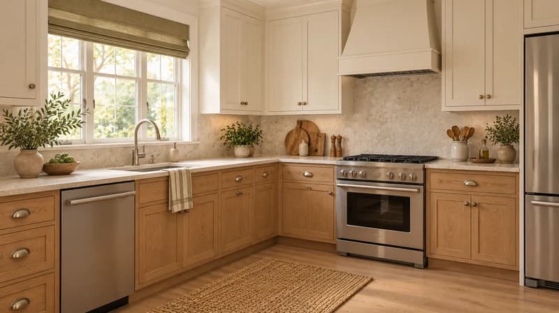 Kitchen with oak lower cabinets, cream upper cabinets and pale stone finishes
