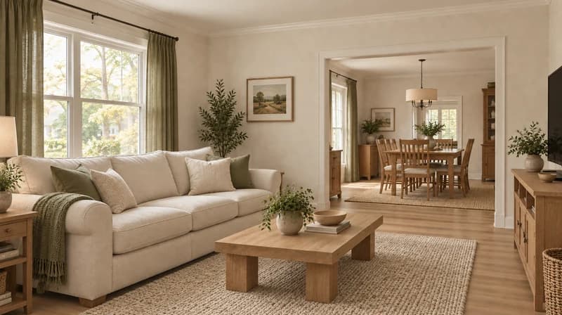Renovated living room with cream seating, oak furniture and olive textiles