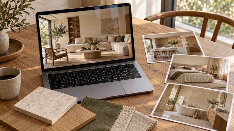 Renovation workspace with a laptop, room photographs and material samples