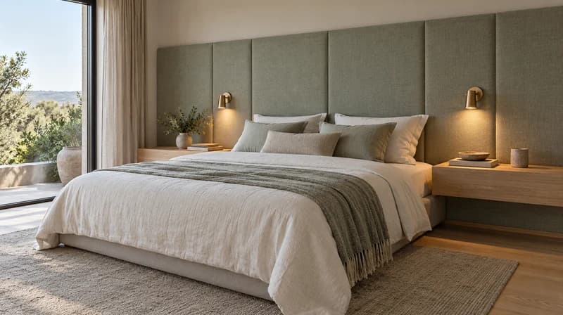 Bedroom with sage-gray upholstered wall panels and brass reading lights