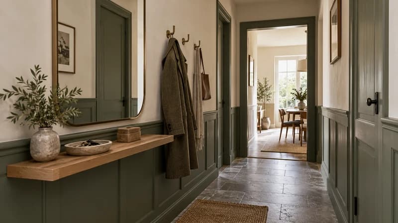 Entry hallway with green paneling, a mirror, and a shallow oak shelf