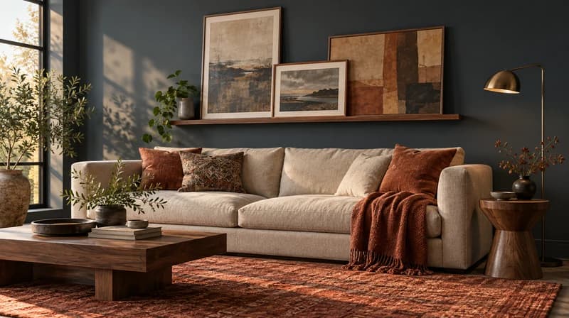 Blue-gray living room wall with a walnut picture ledge and three artworks