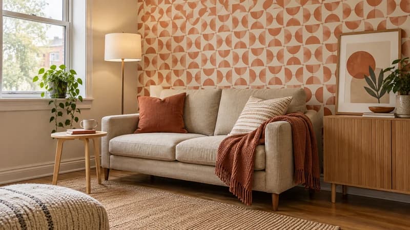 Rental living room with terracotta geometric wallpaper and freestanding furniture