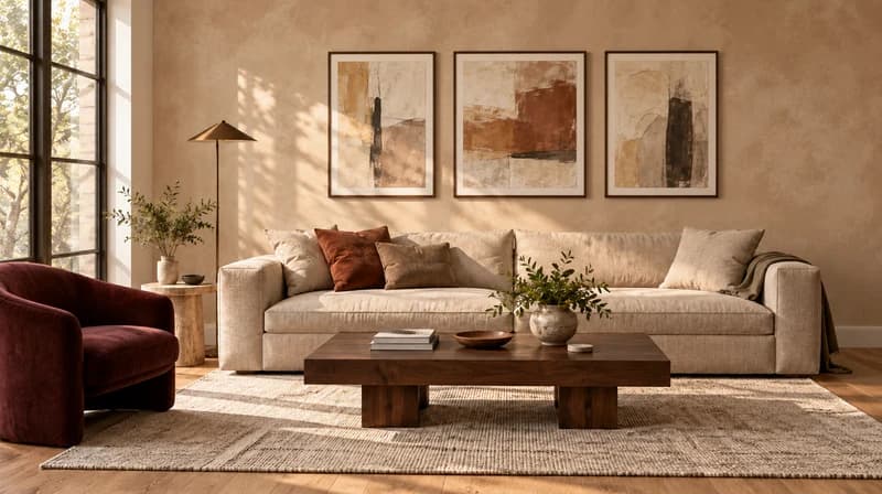 Clay limewash sofa wall with three artworks and unchanged furniture