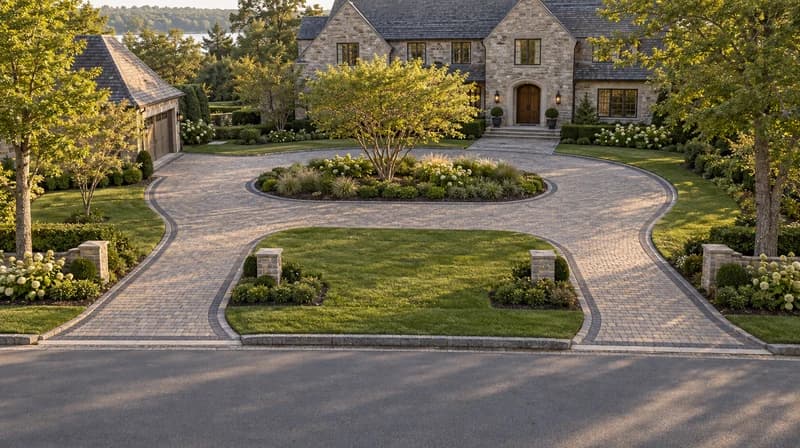 Circular stone driveway around a planted island with separate street entrances