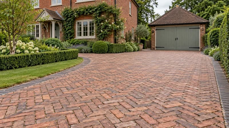 Warm brick herringbone driveway with dark edging and a traditional brick house