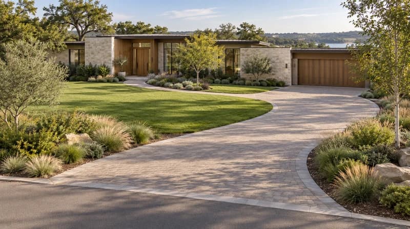 Curved paved driveway connecting the street to a timber garage and front entry path