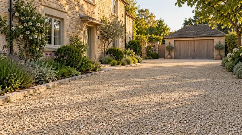 Pale gravel driveway with natural stone edging beside a limestone house