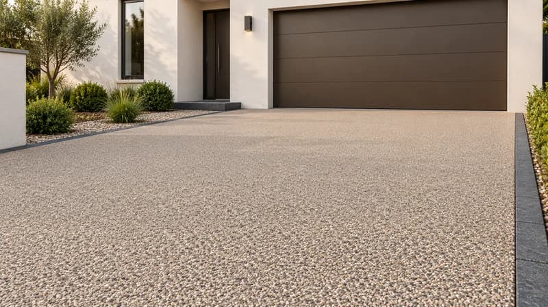 Light taupe resin-style aggregate driveway with charcoal edging