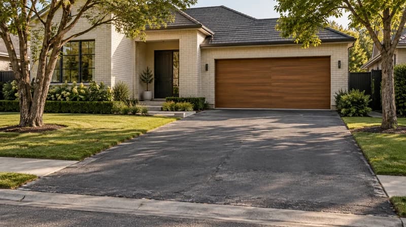 Original asphalt driveway showing the garage, lawn and entry path