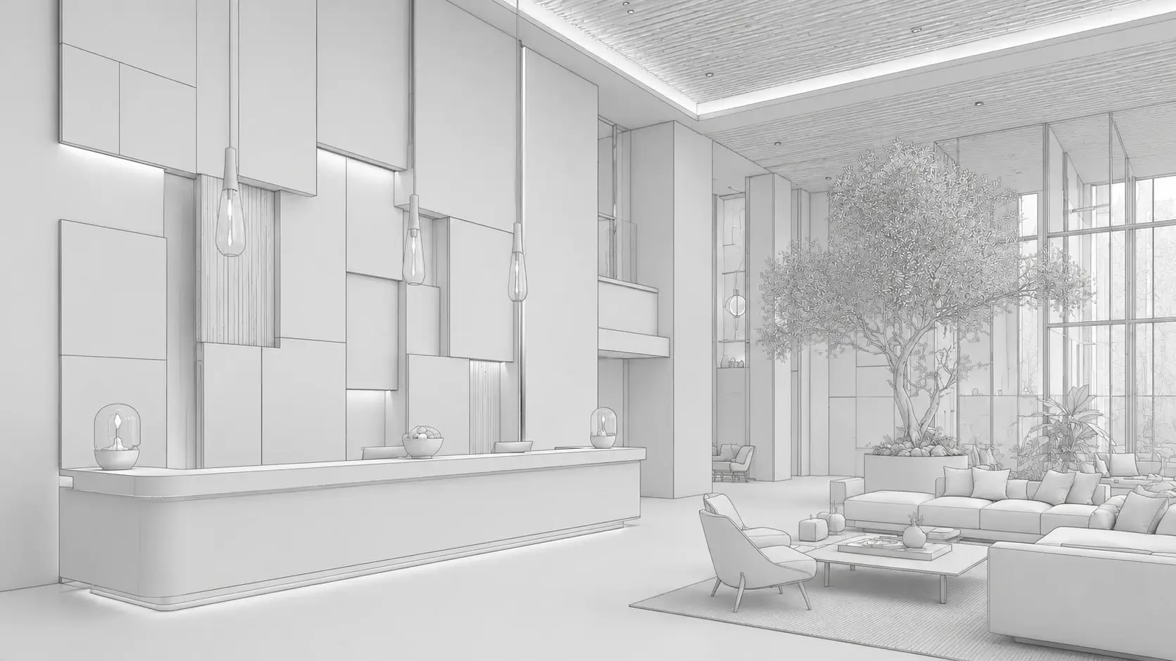 Boceto arquitectónico interior antes de generar un concepto de diseño con IA