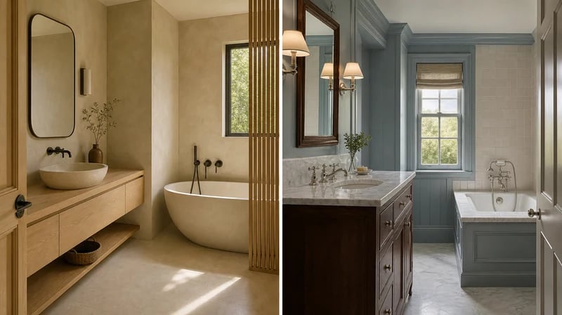 Split view of Japandi and traditional bathroom remodel styles