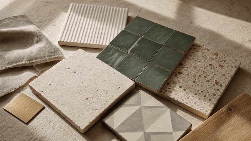 Bathroom tile and surface samples for remodel planning