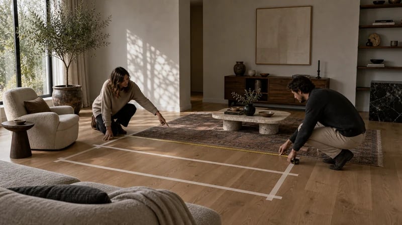 Homeowner and designer measuring the footprint of a new sofa