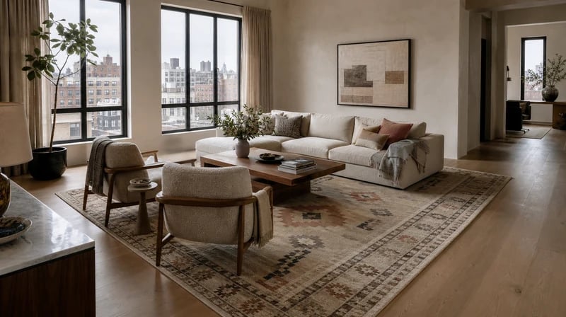 Large patterned rug correctly sized for a living room seating area
