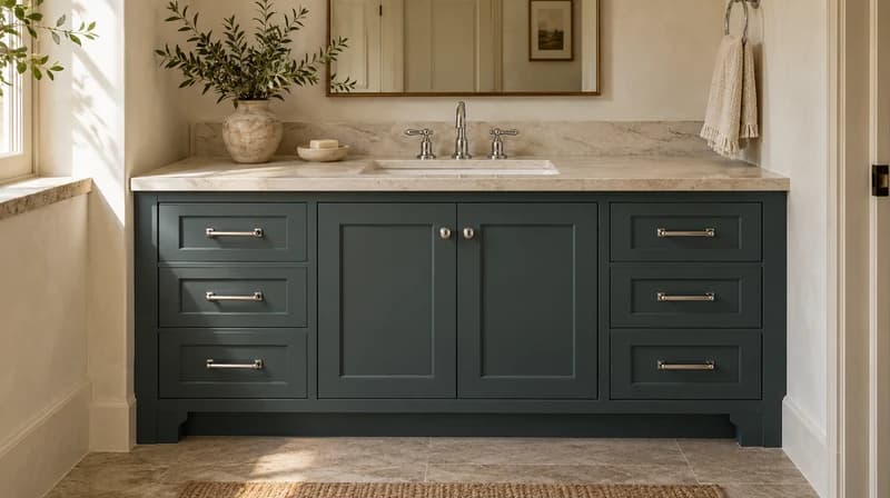 Blue-green bathroom vanity with chrome hardware and a pale stone countertop