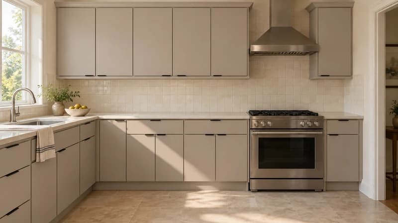 Matte greige flat-panel cabinets with slim black edge pulls