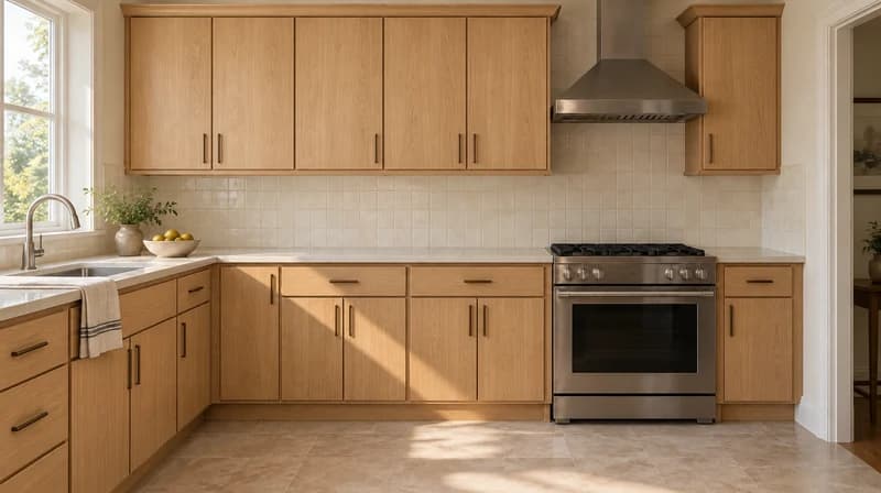 Natural light-oak slab cabinet fronts with dark bronze handles