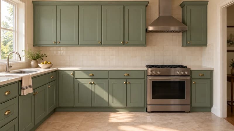 Sage green shaker cabinets with brass knobs and cup pulls