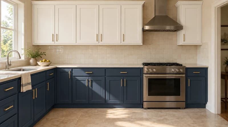 Navy lower and white upper shaker cabinets in the same kitchen