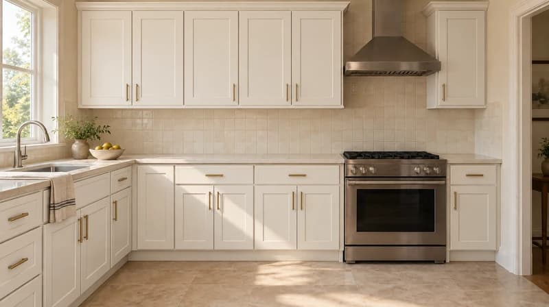 Warm white shaker kitchen cabinets with brushed brass handles