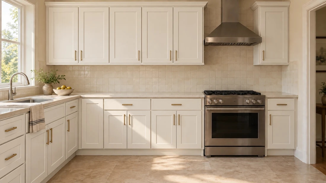 The same kitchen with white shaker cabinet fronts and brushed brass handles
