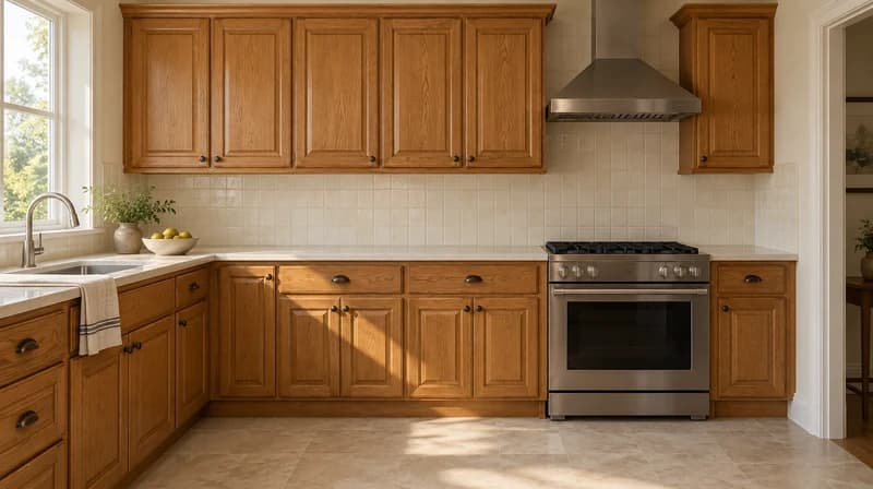 Original kitchen with honey-oak cabinets, cream tile and stainless steel appliances