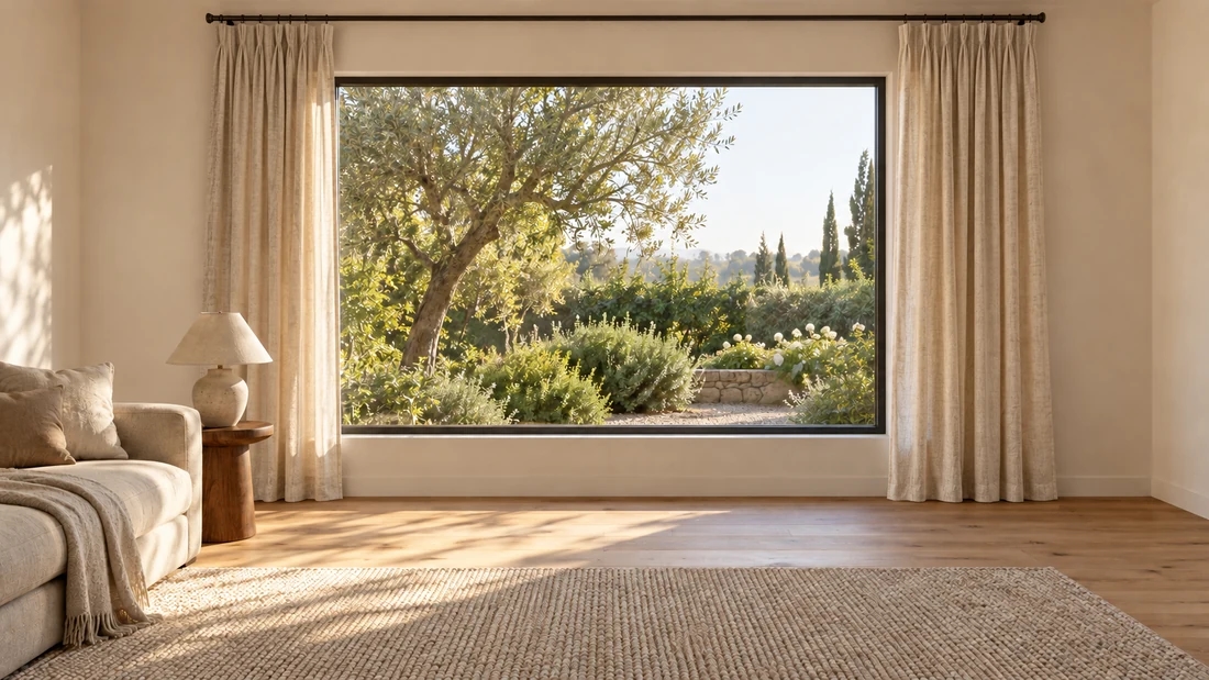 The same living room with open floor-length oatmeal linen pinch-pleat curtains