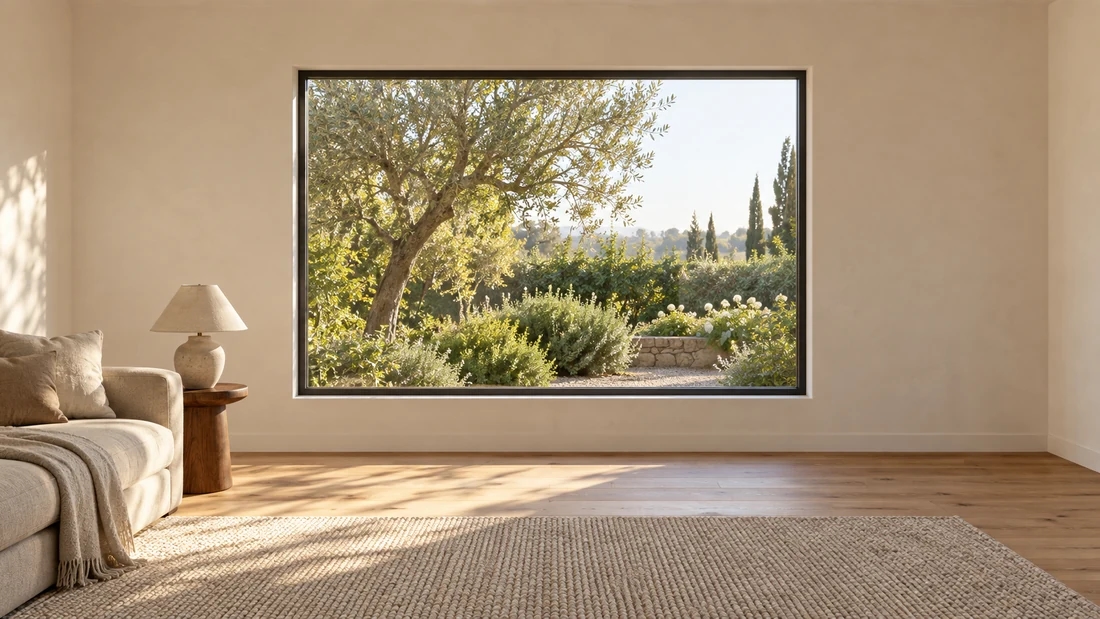 Living room with a bare dark-framed window overlooking a garden