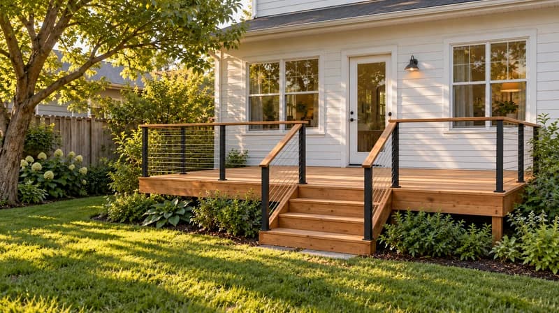 Warm timber deck with black posts and horizontal steel cable railings