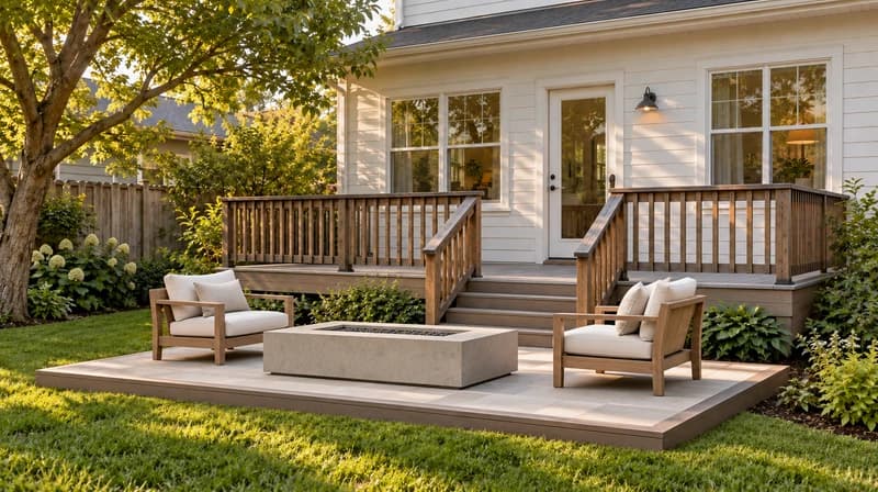 Deck extension with a pale stone hearth, unlit fire table and two lounge chairs