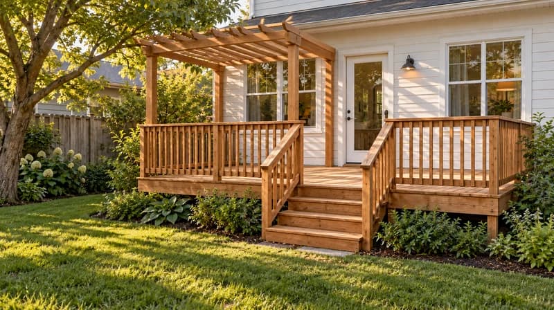 Natural timber deck with an open pergola over its left half